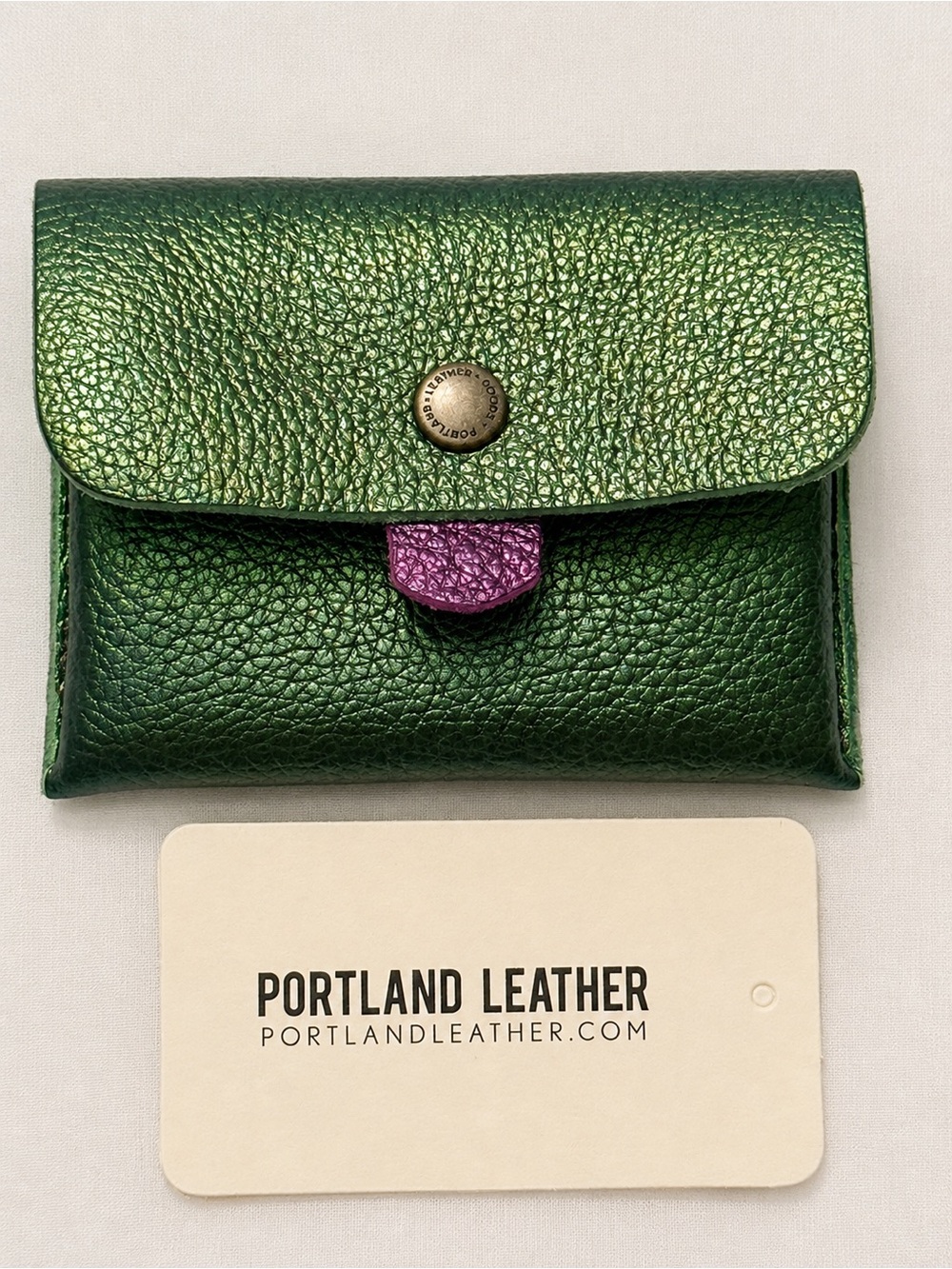 Portland Leather Metallic Greench Euro Card Wallet with Purple Tab